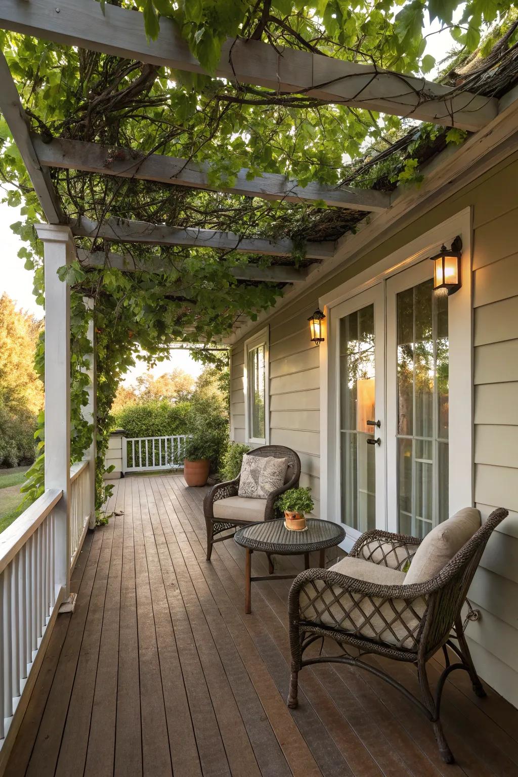 A sheltered side porch featuring a pergola, an idyllic setting to relish sunny days.
