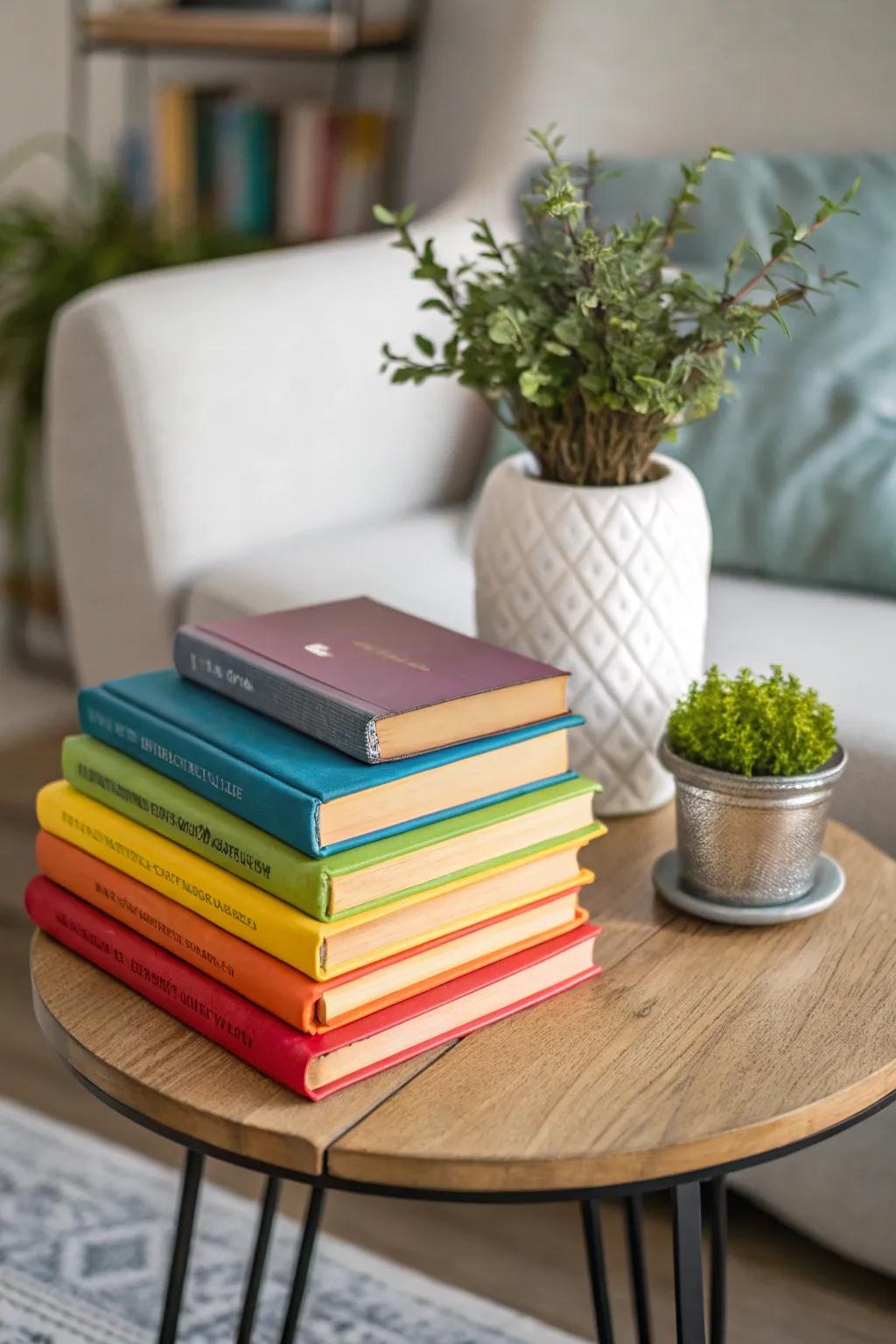 A side table decorated with a stack of vibrant books and greenery.