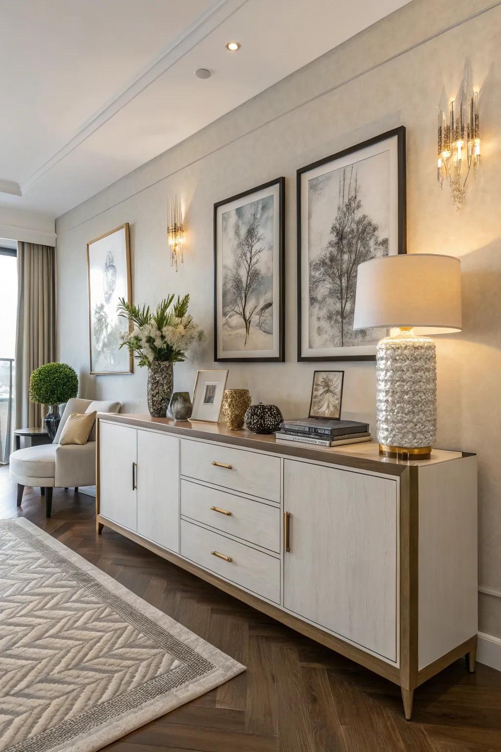 Artwork leaning on a credenza adds a laid-back and artistic feel to any area.