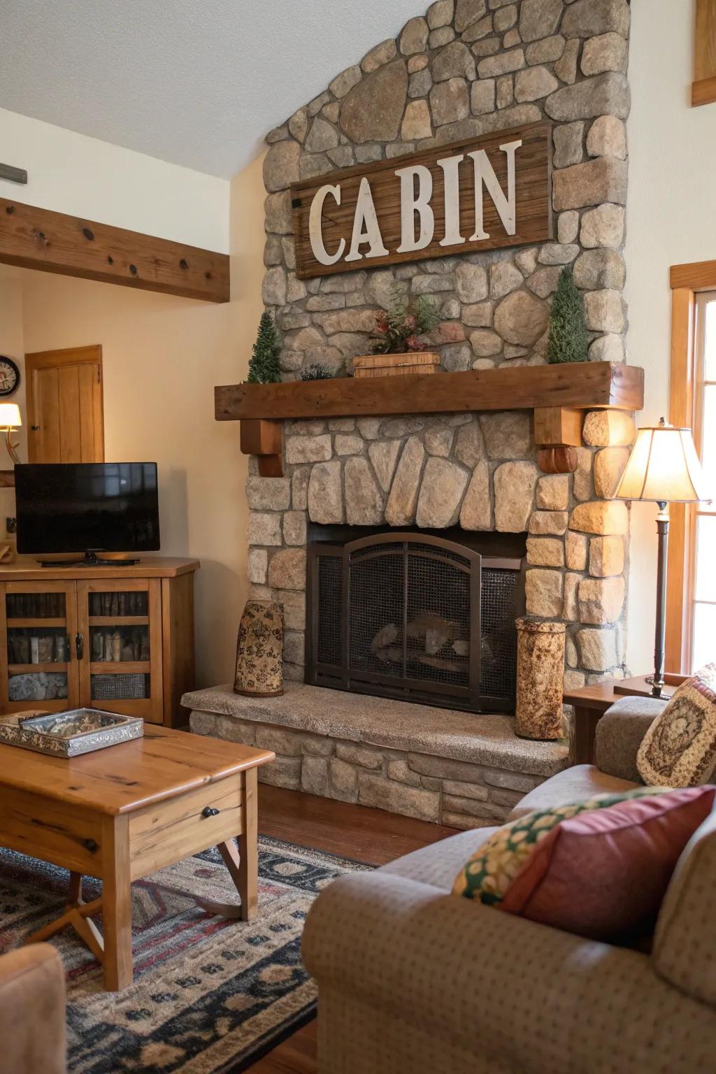 A lounge showcasing a country timber lodge plaque above a stone fireplace.