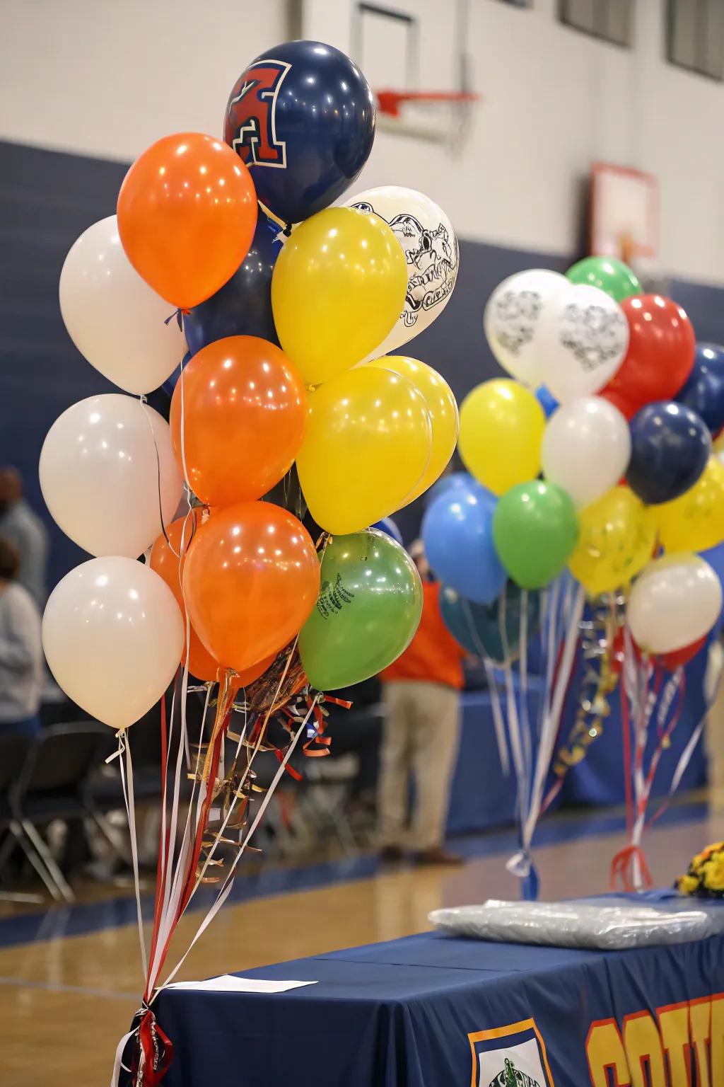 Helium balloons create a whimsical and visually appealing backdrop.