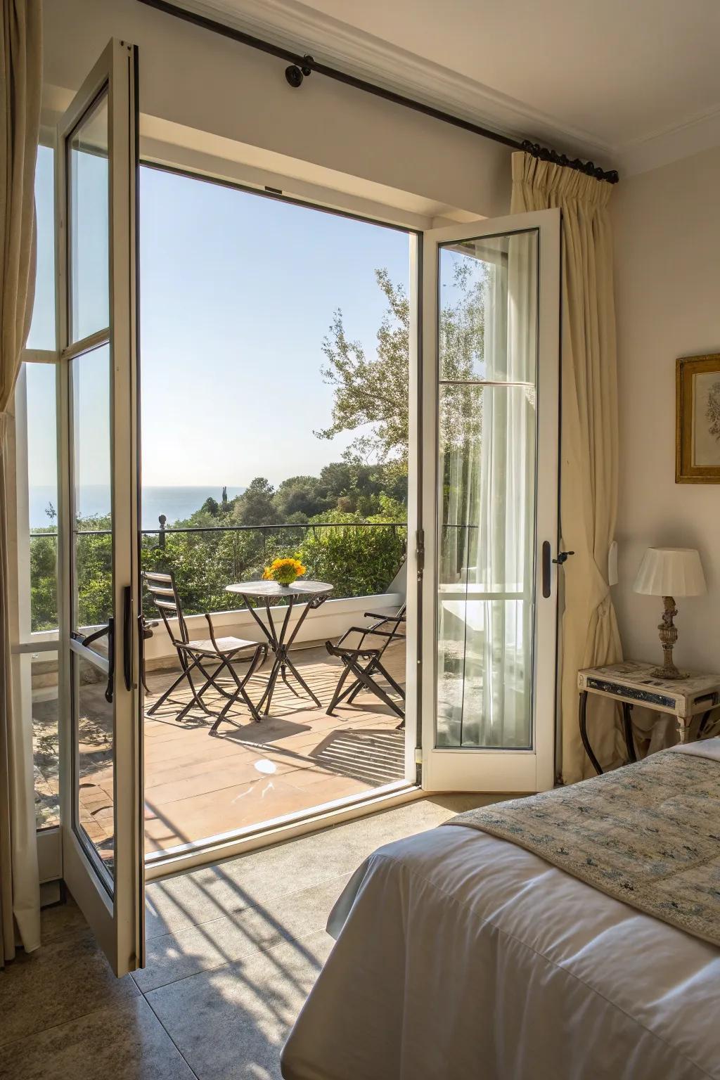 A sunny, spacious bedroom featuring broad glass doors that merge with the balcony.
