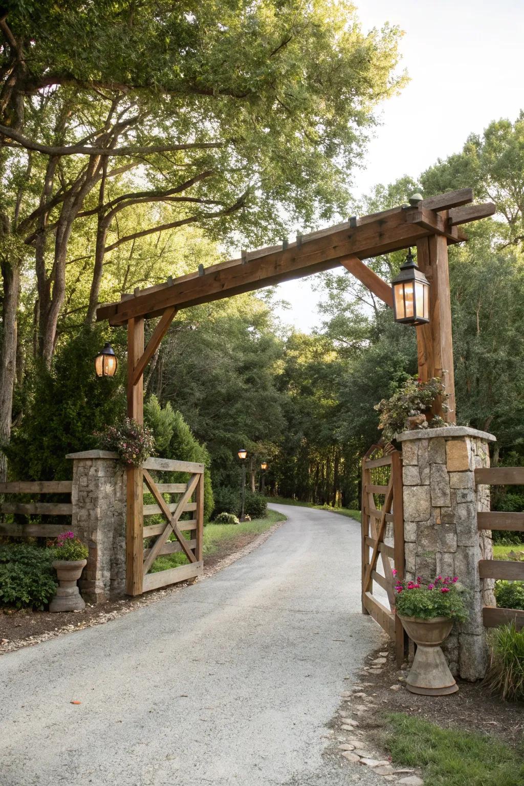 Timber planks infuse warmth and rustic grace to driveways.
