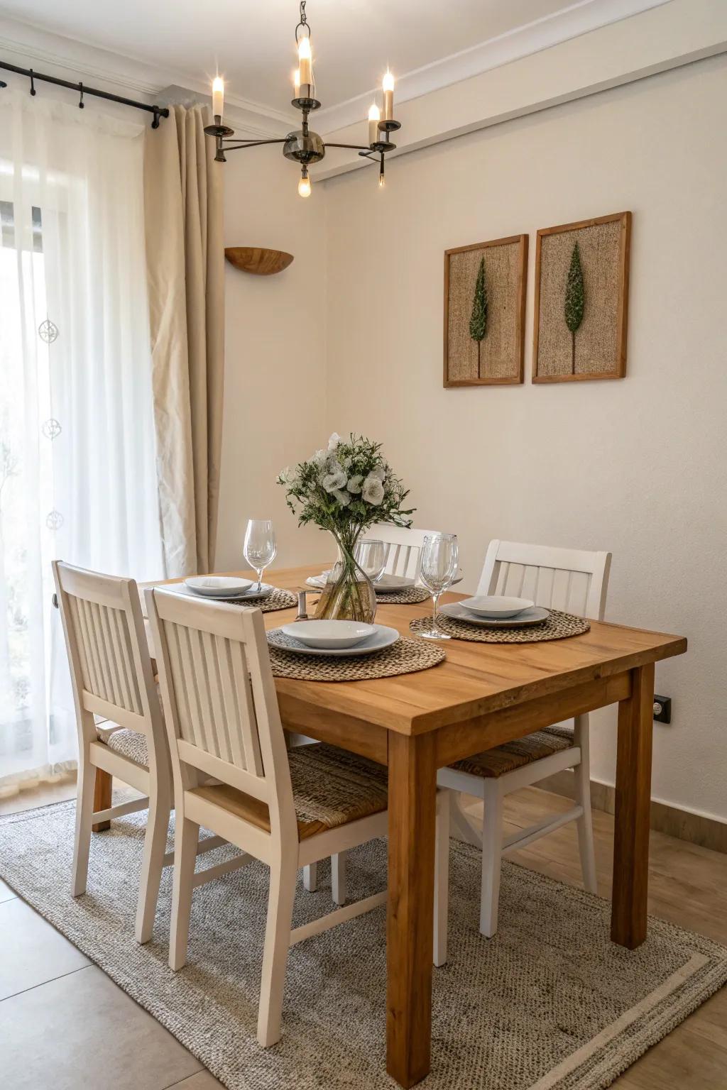 Minimalist furniture enhances the simplicity of the dining room.