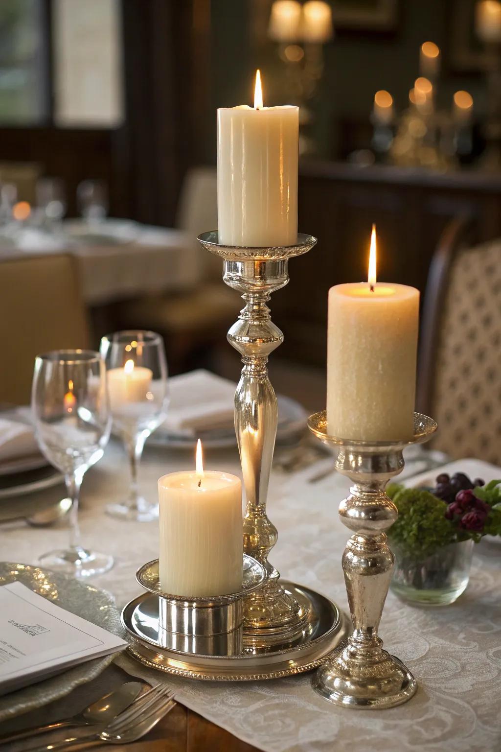 Three candles create an inviting ambiance on the dining table.