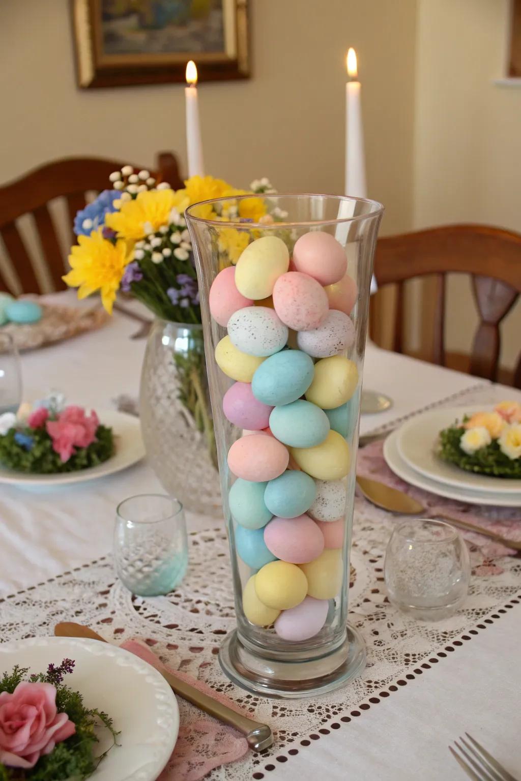 A clear vase brimming with pastel eggs introduces a playful splash of color to the table.