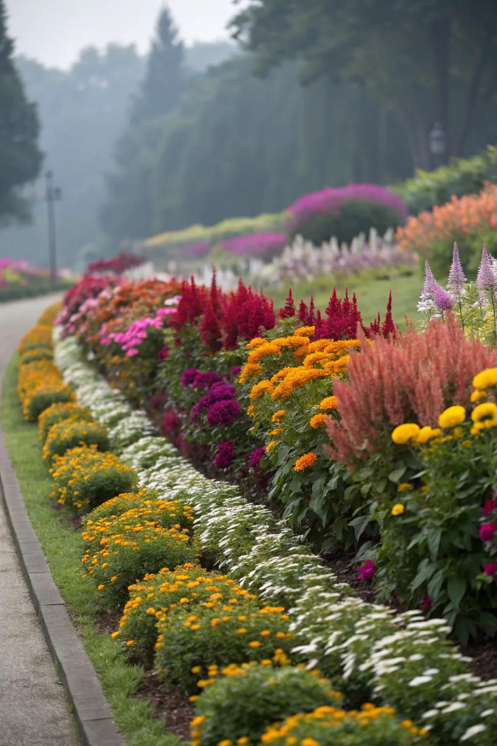 Layered planting brings depth and a vibrant mix of colors to this flower bed.