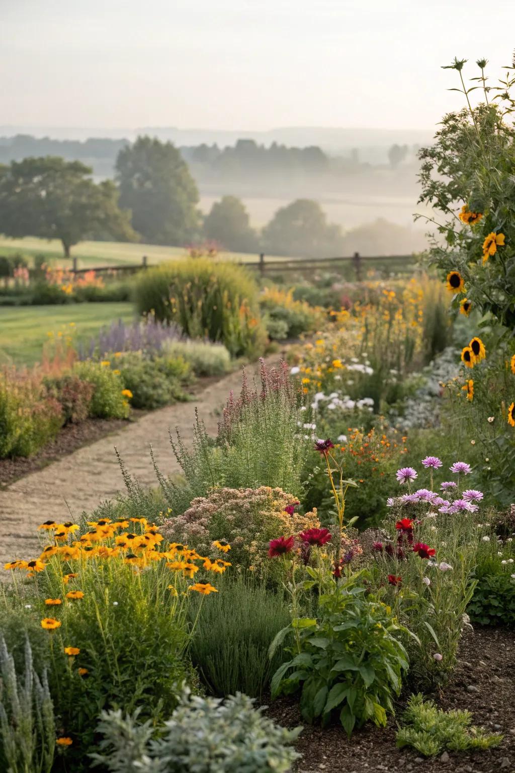 A naturalistic garden featuring wildflowers blending with cultivated plants.