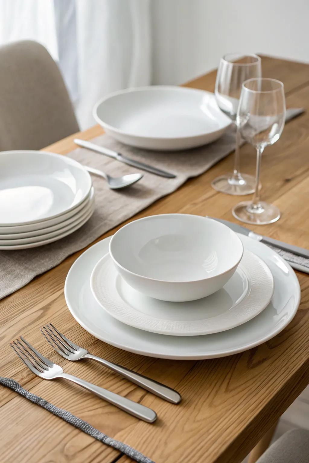 Simple table settings are arranged on a warm wooden table.