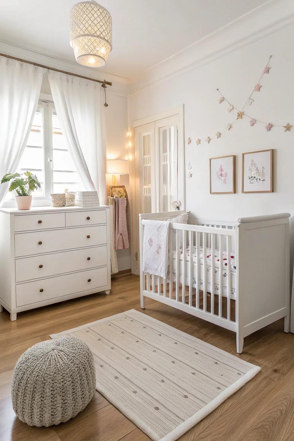 Basic furniture elevates the nursery's spacious sensation.