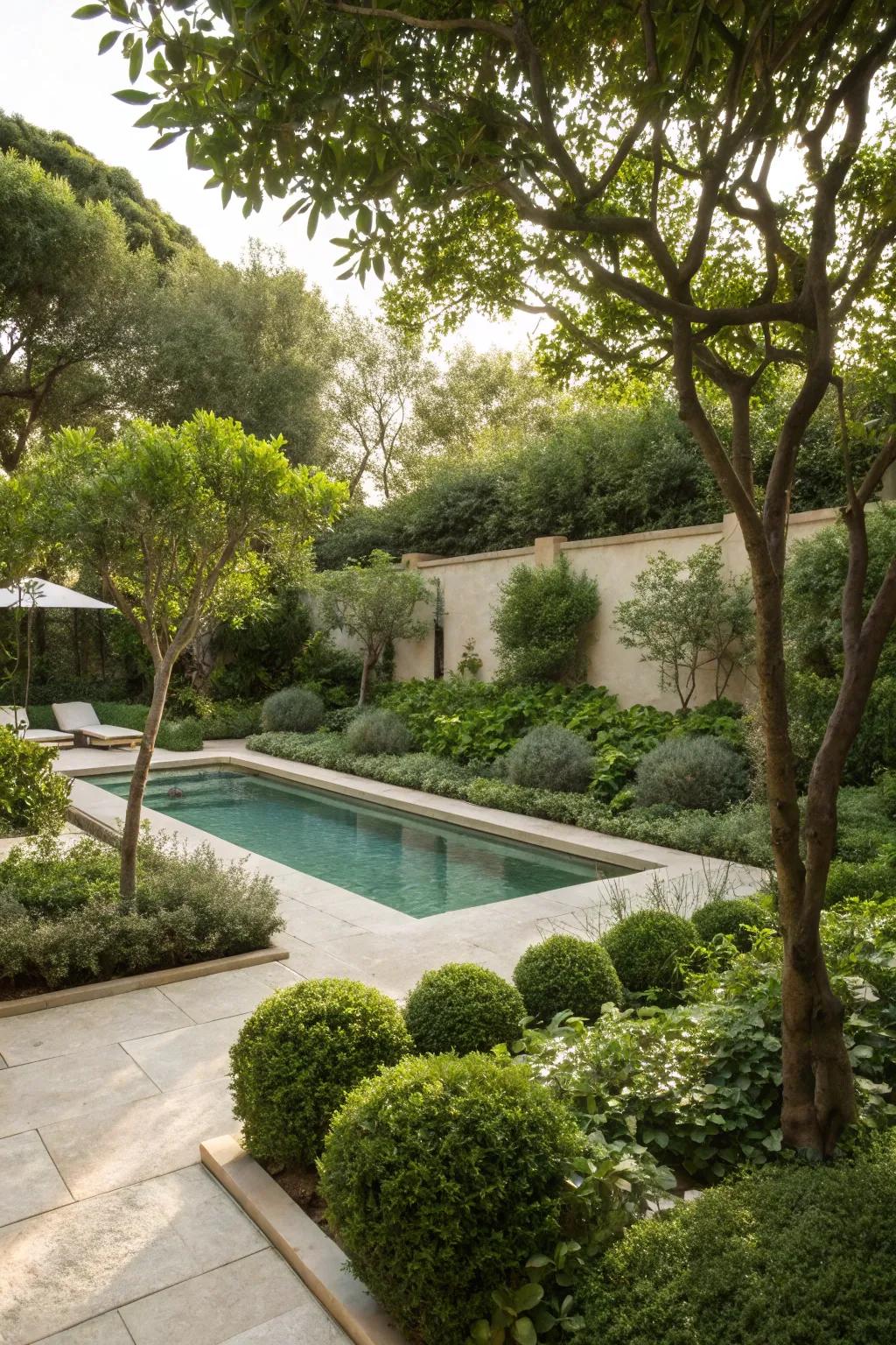 A harmonious blend of greenery enhancing the poolside atmosphere.