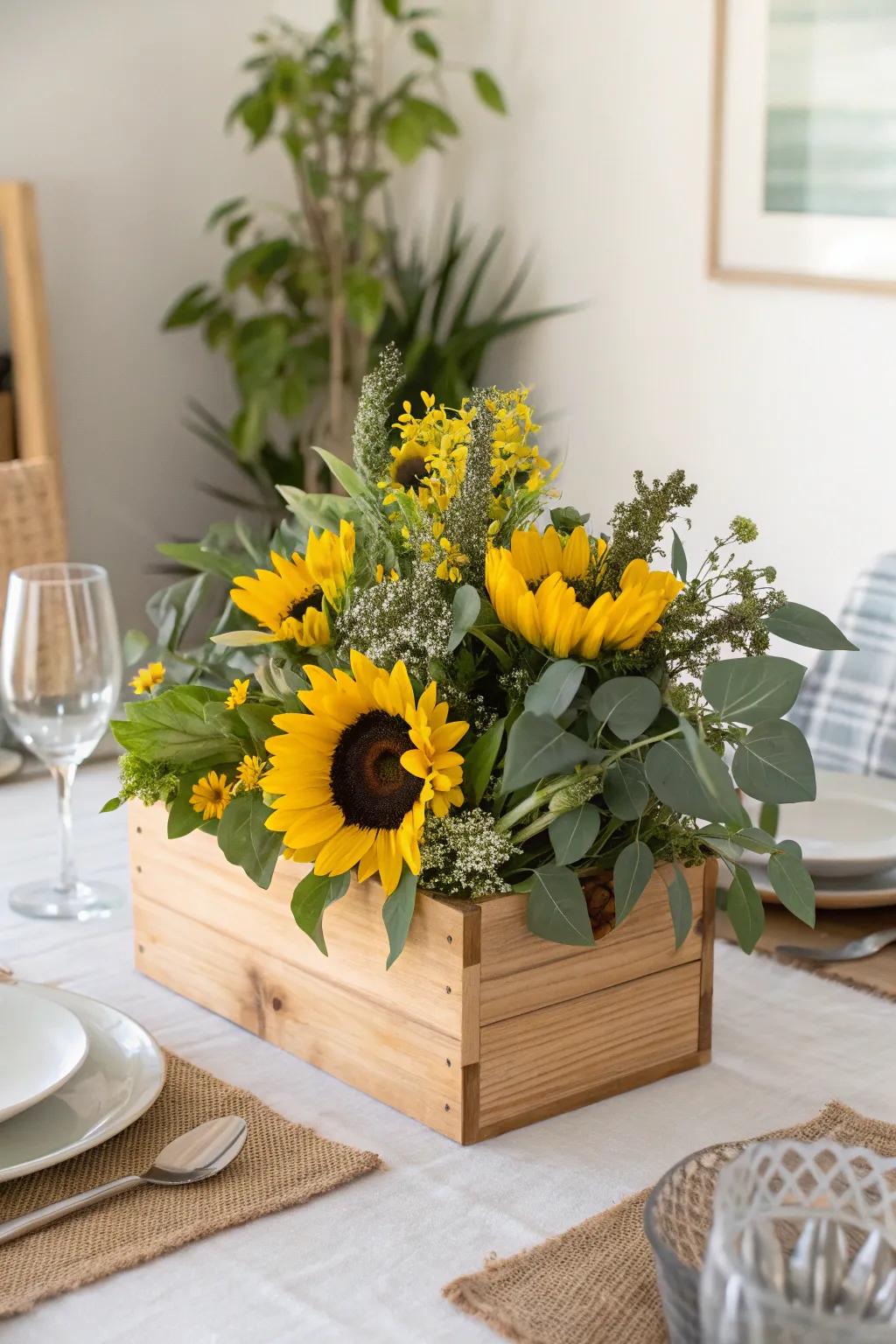 A wooden crate brimming with sunflowers creates a striking centerpiece.