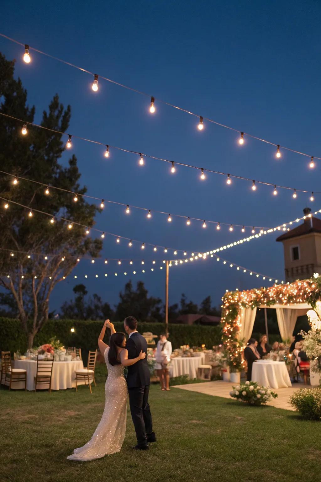 String lights elegantly draped for a magical wedding ambiance.