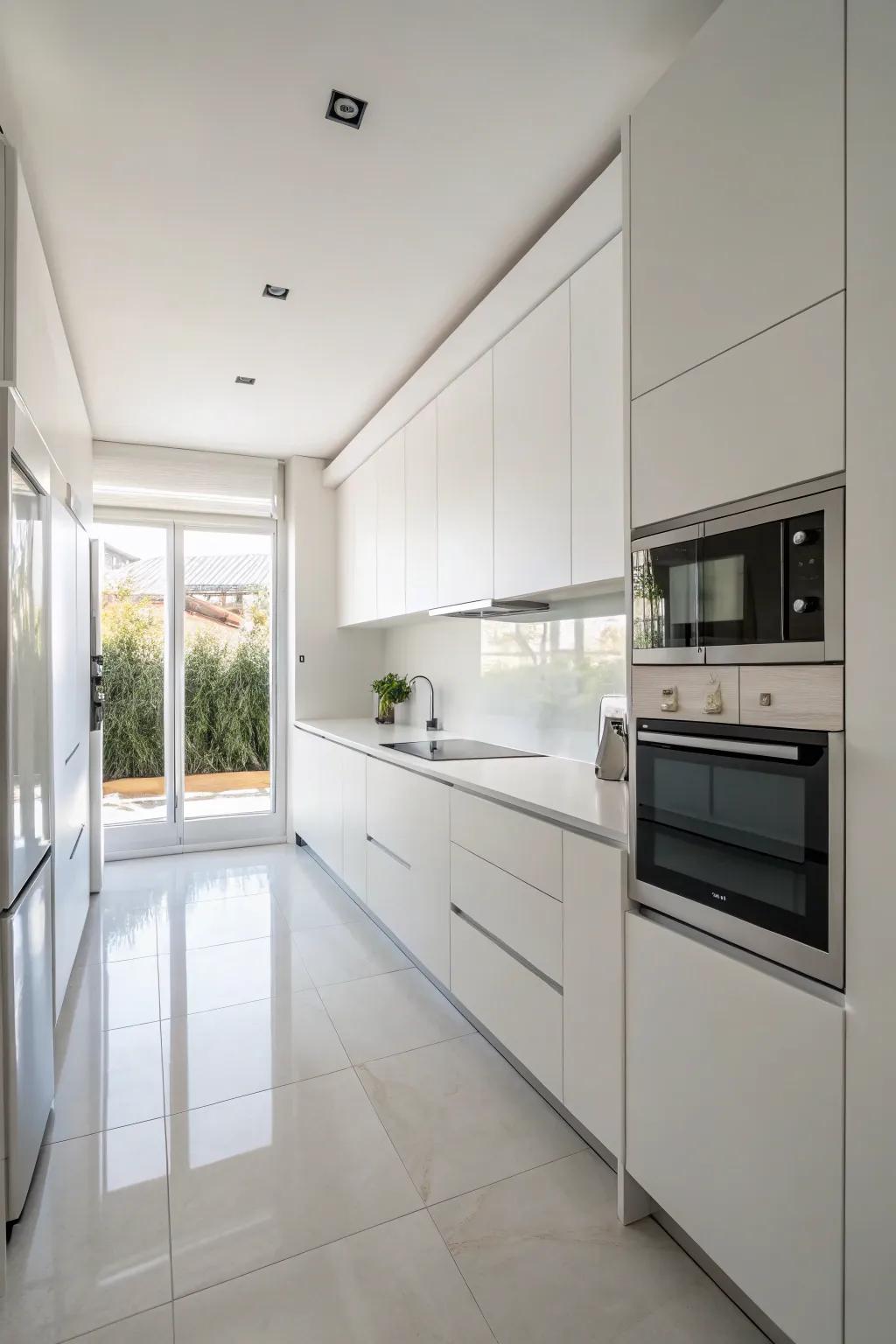 A minimalist white kitchen featuring clean, uncluttered countertops.