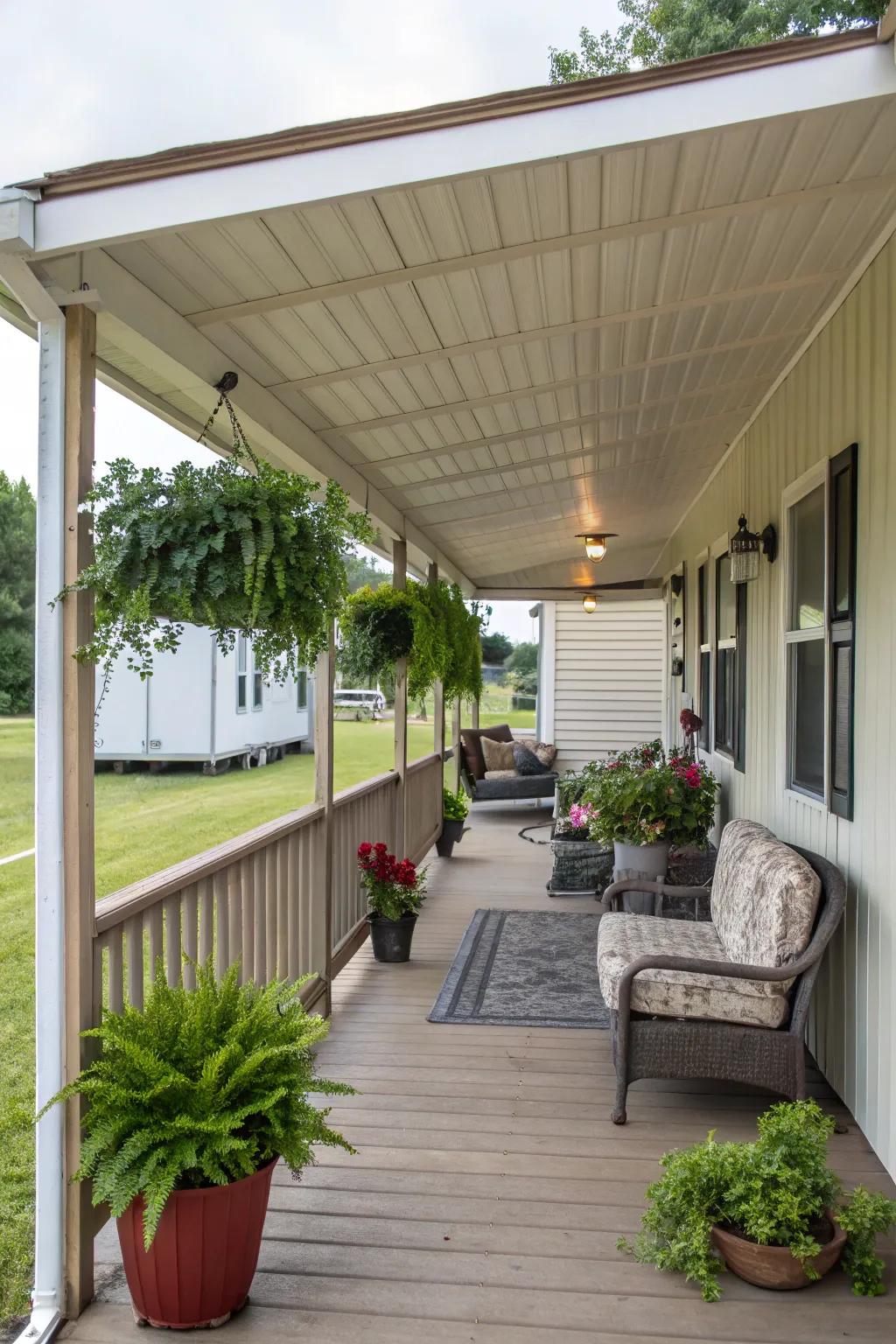 A covered porch allows enjoyment of the outdoors regardless of the weather.