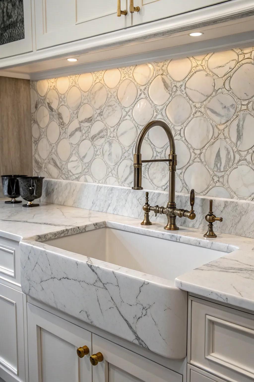 Elegant stone-like backsplash elevates the kitchen's sophistication.