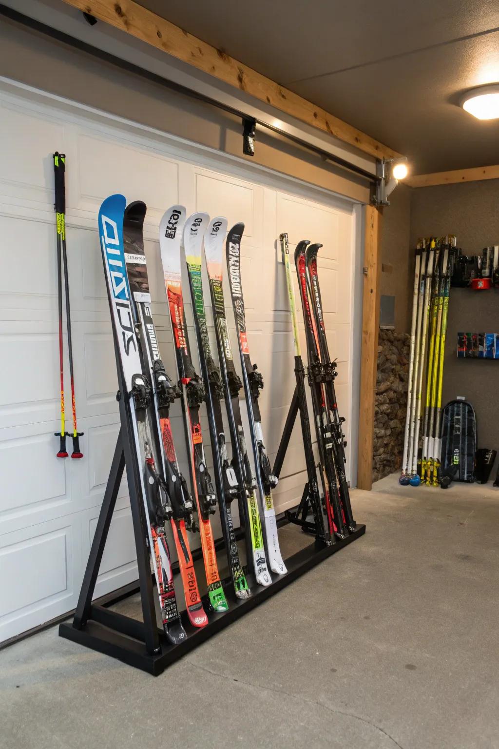 Freestanding racks are great for garages, keeping skis standing tall and tidy.