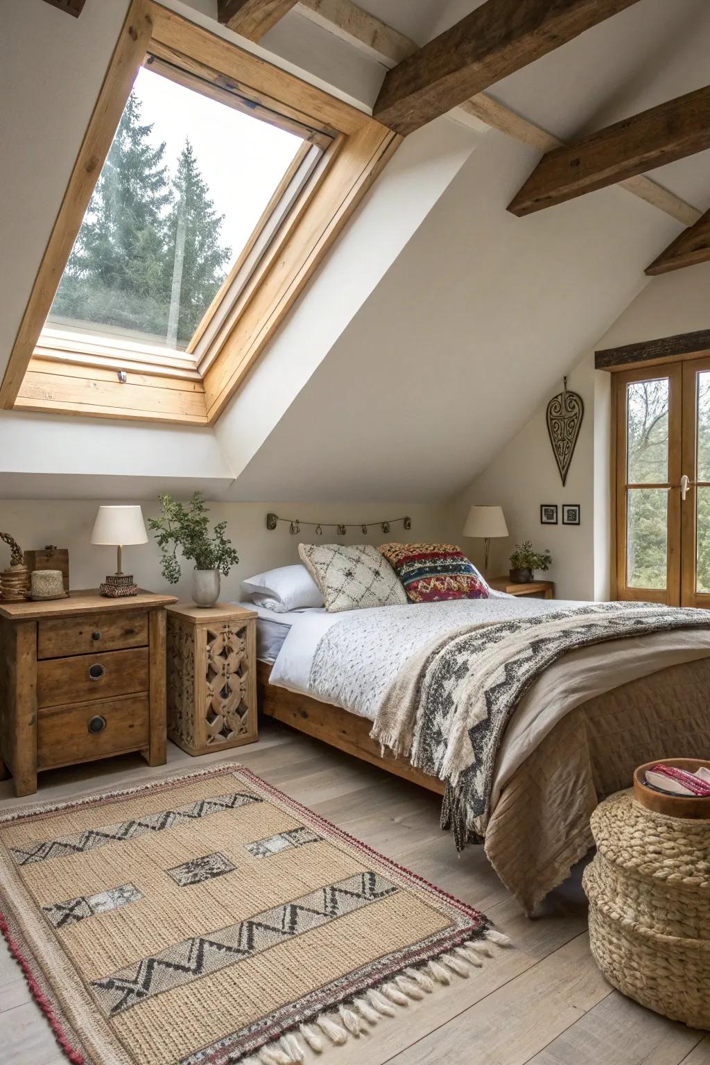 A cozy bedroom featuring a skylight with natural wood trim.