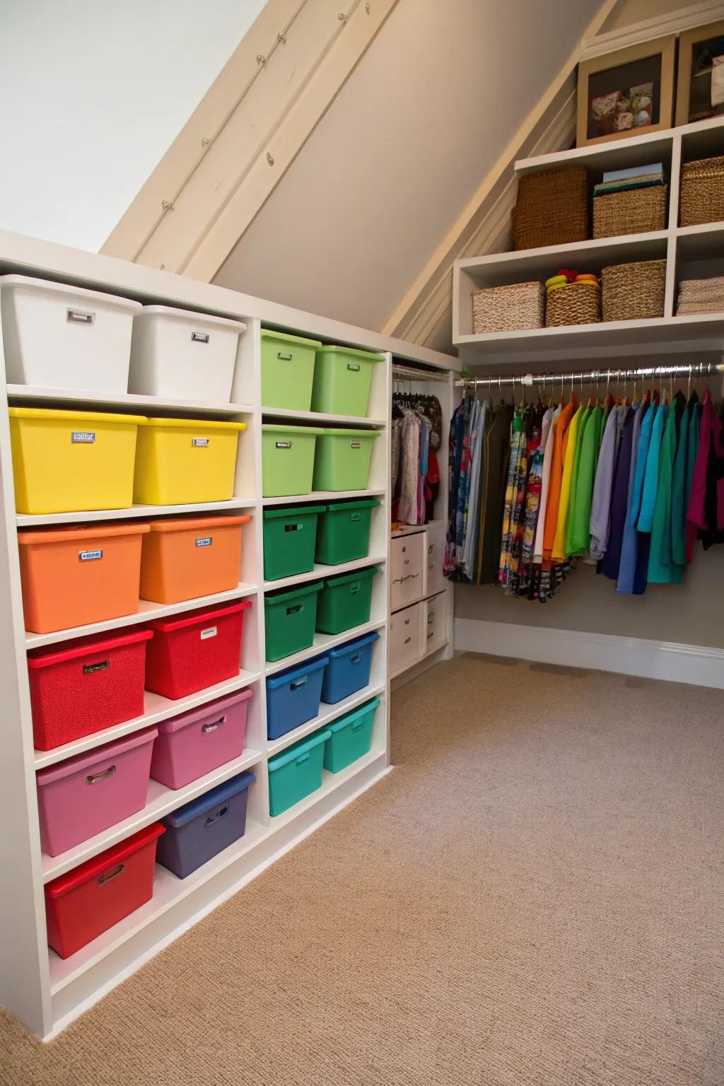 Storage bins add a pop of color and order.
