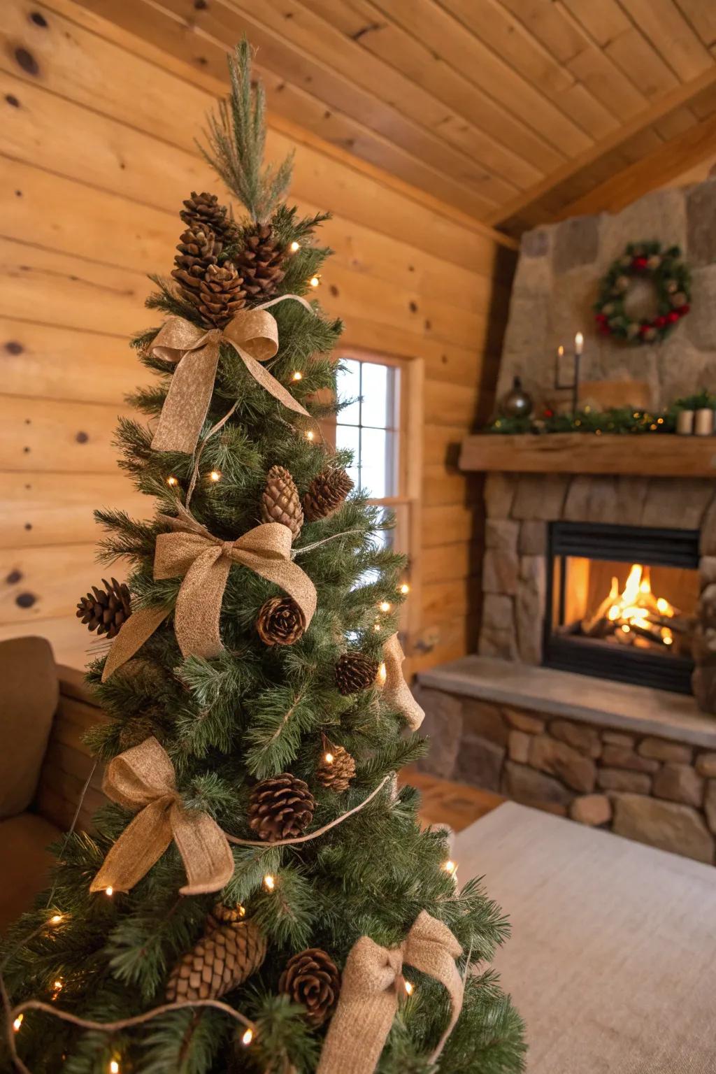 Earthy decorations contribute warmth and appeal to a slim tree.