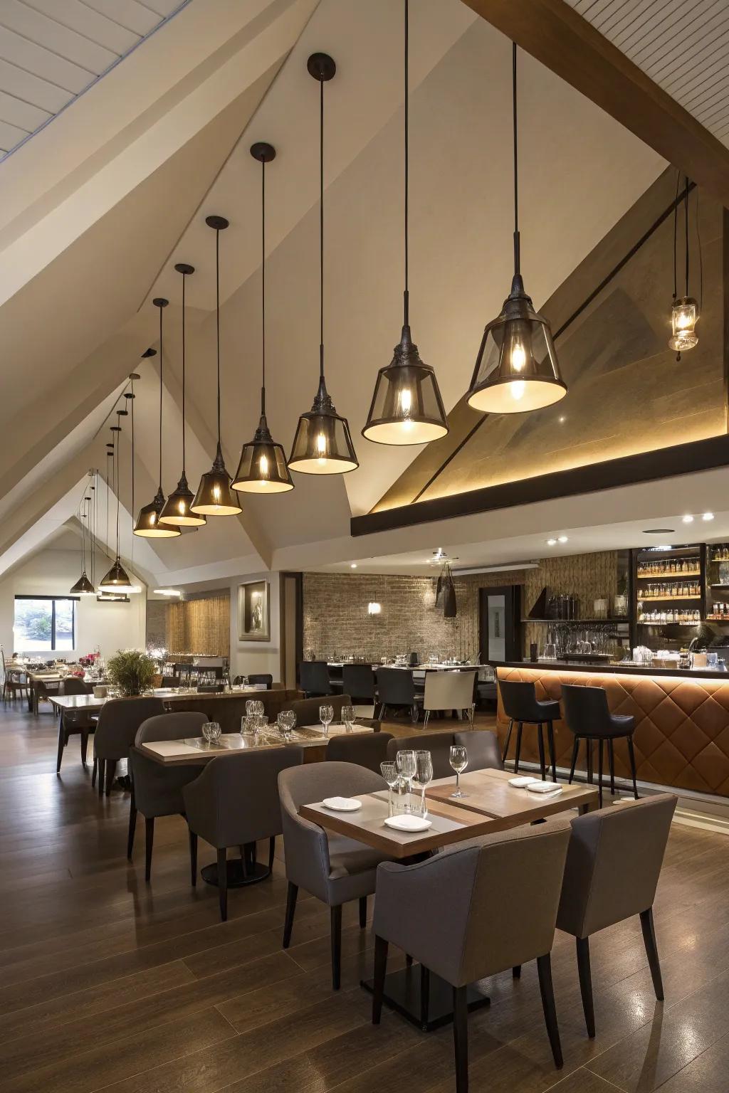 Adjustable suspended lights introduce depth and visual interest to slanted ceilings.