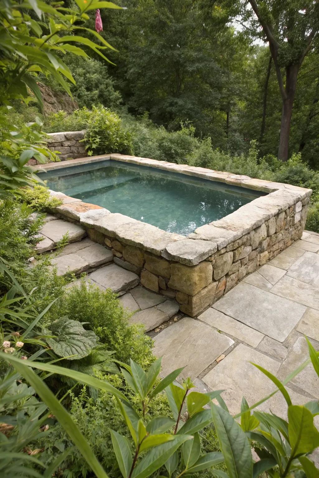 A countryside above-ground pool showcasing the sophistication of natural stone.