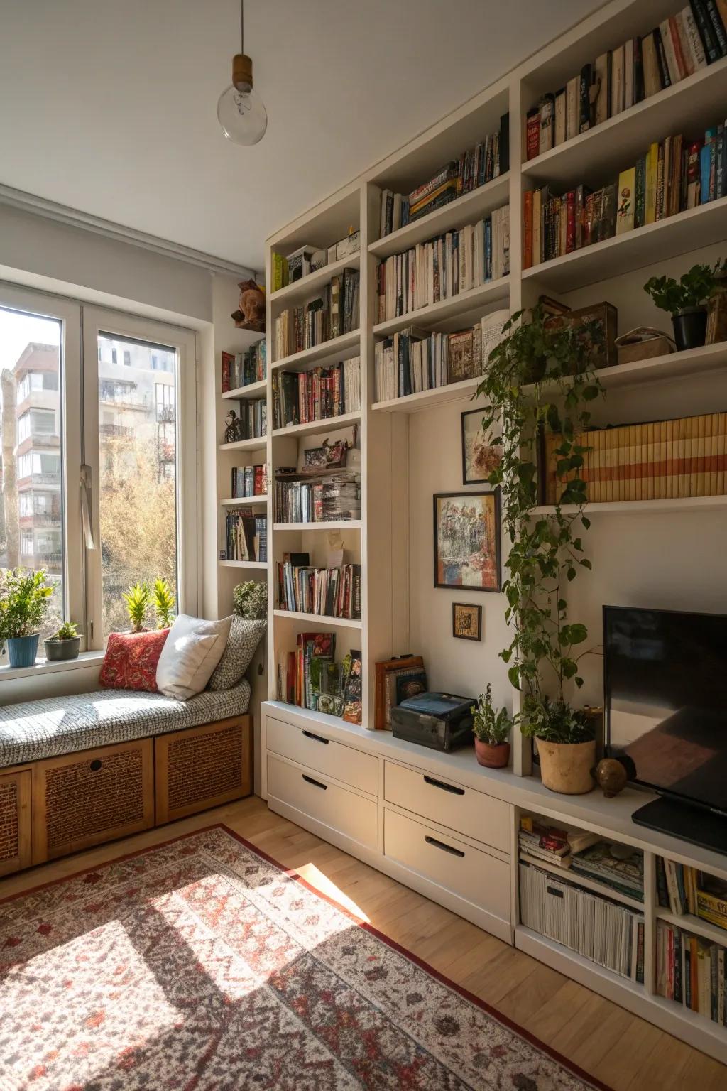 Using wall storage keeps the floor space open and welcoming.