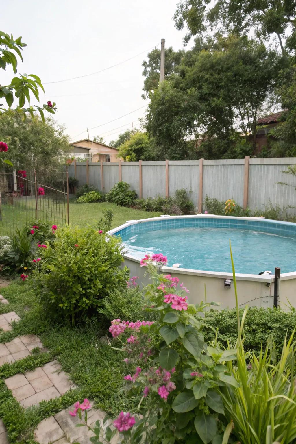 An above-ground pool embraced by lively greenery and blooms, creating a serene getaway.
