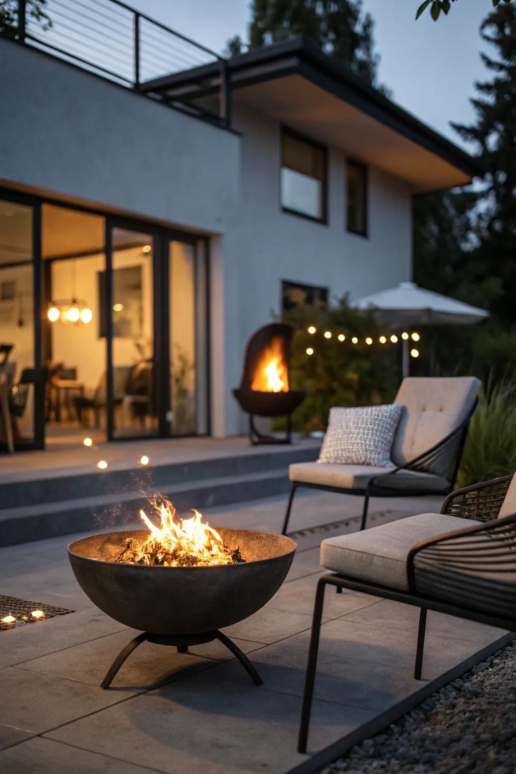 A sleek metal fire vessel introduces modern appeal to a small patio environment.