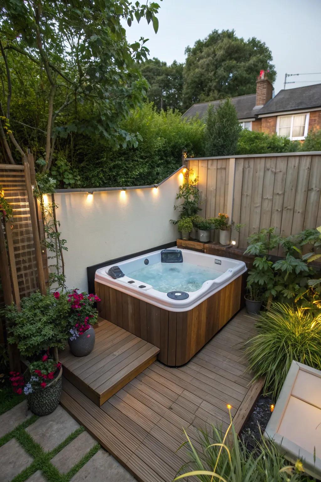 A small backyard showcasing a space-saving soak station ideally situated in a corner.