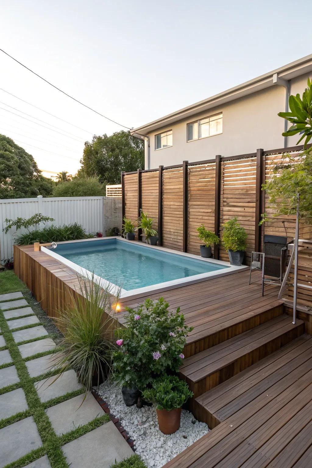 Elegant above-ground pool featuring fashionable decking.