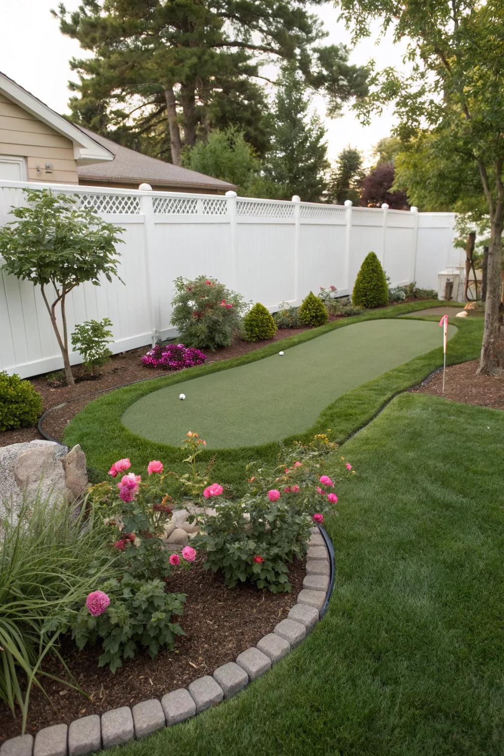 A custom-shaped putting green, impeccably tailored for a petite backyard.