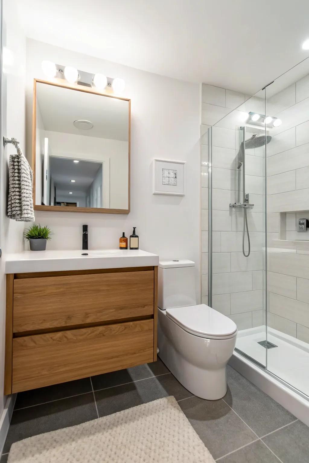 A wall-mounted vanity gives a contemporary feel while saving space.