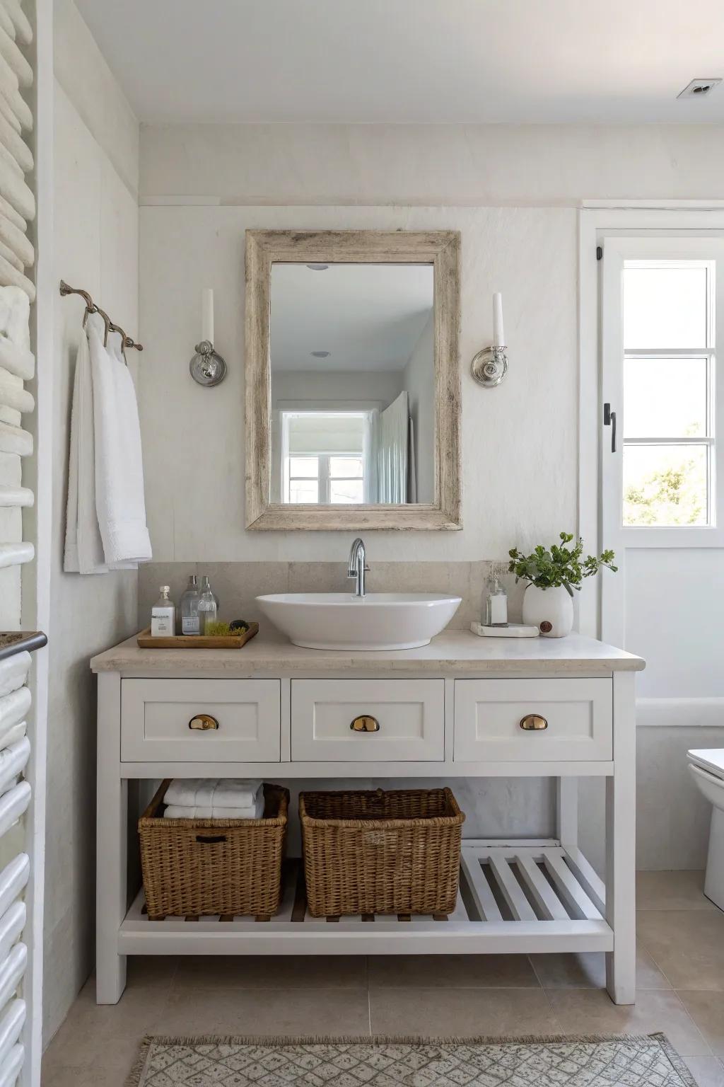 A minimalist vanity that delivers refinement and simplicity to a small bathroom.