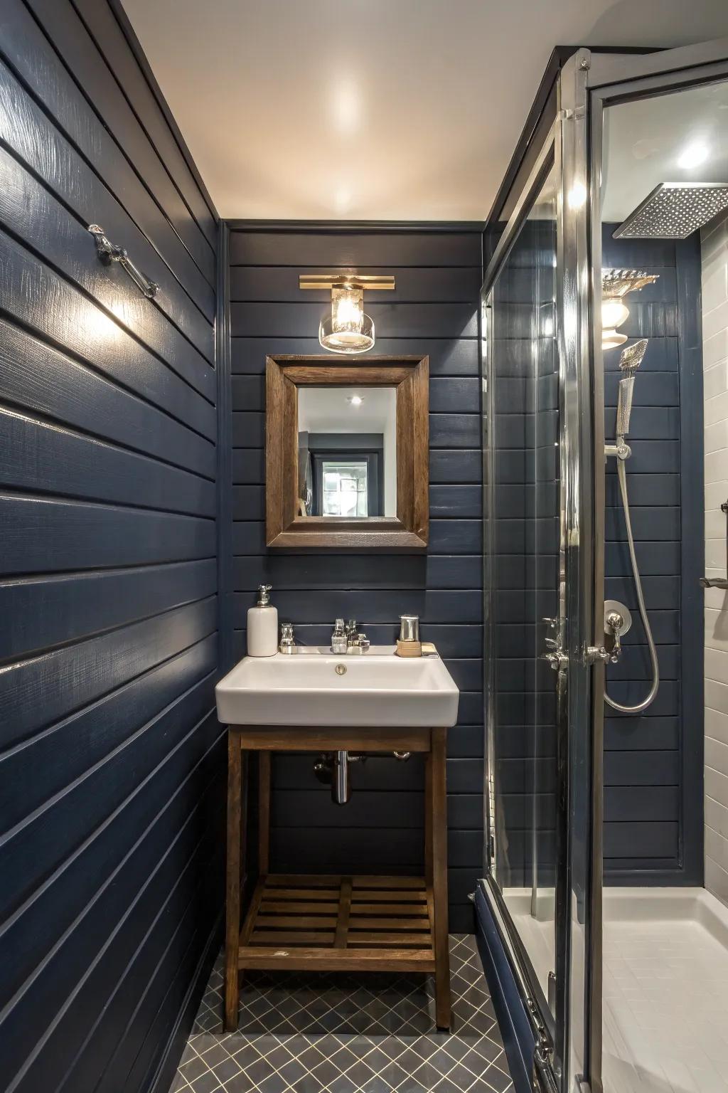 Horizontal paneling giving a modern and expanded feel to a small bathroom.