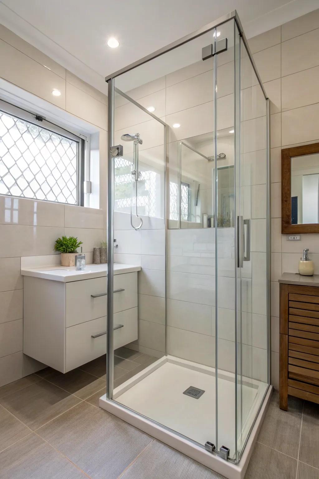 Clear glass screens visually expand the space.