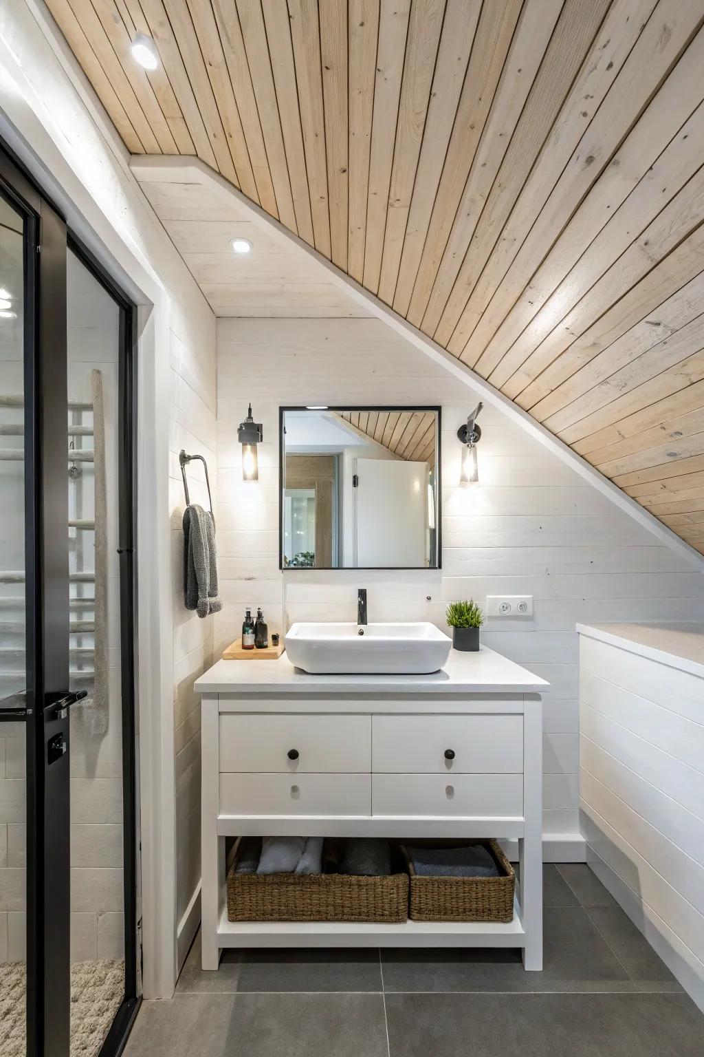 A spacious-feeling, brightly lit bathroom featuring a whitewashed wood ceiling.