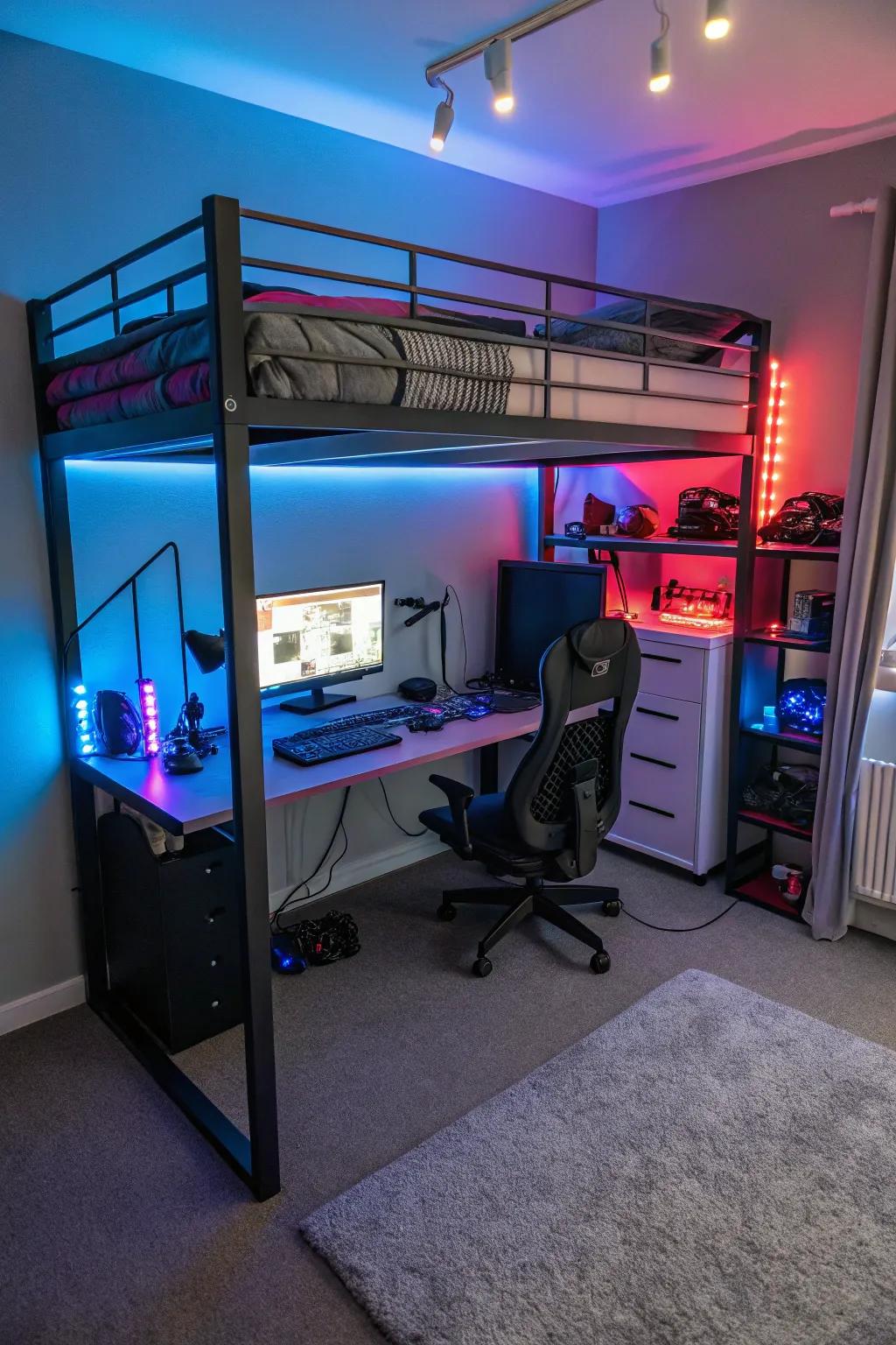 Use vertical space with loft beds for an effective gaming setup.