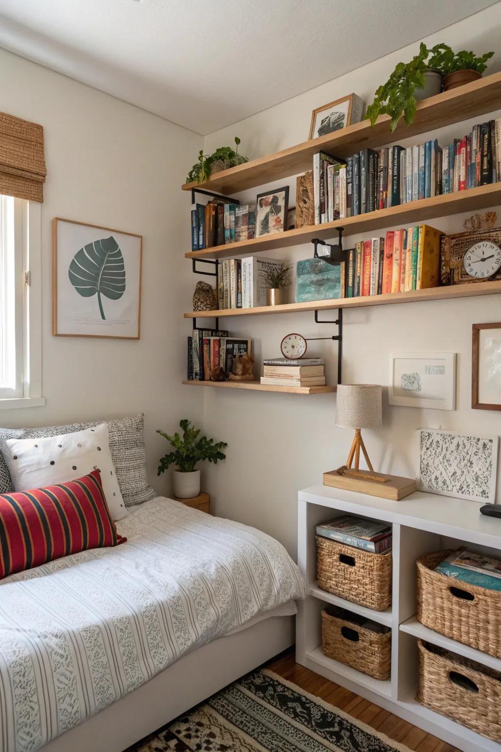 Wall-attached shelving enhances both roominess and style.
