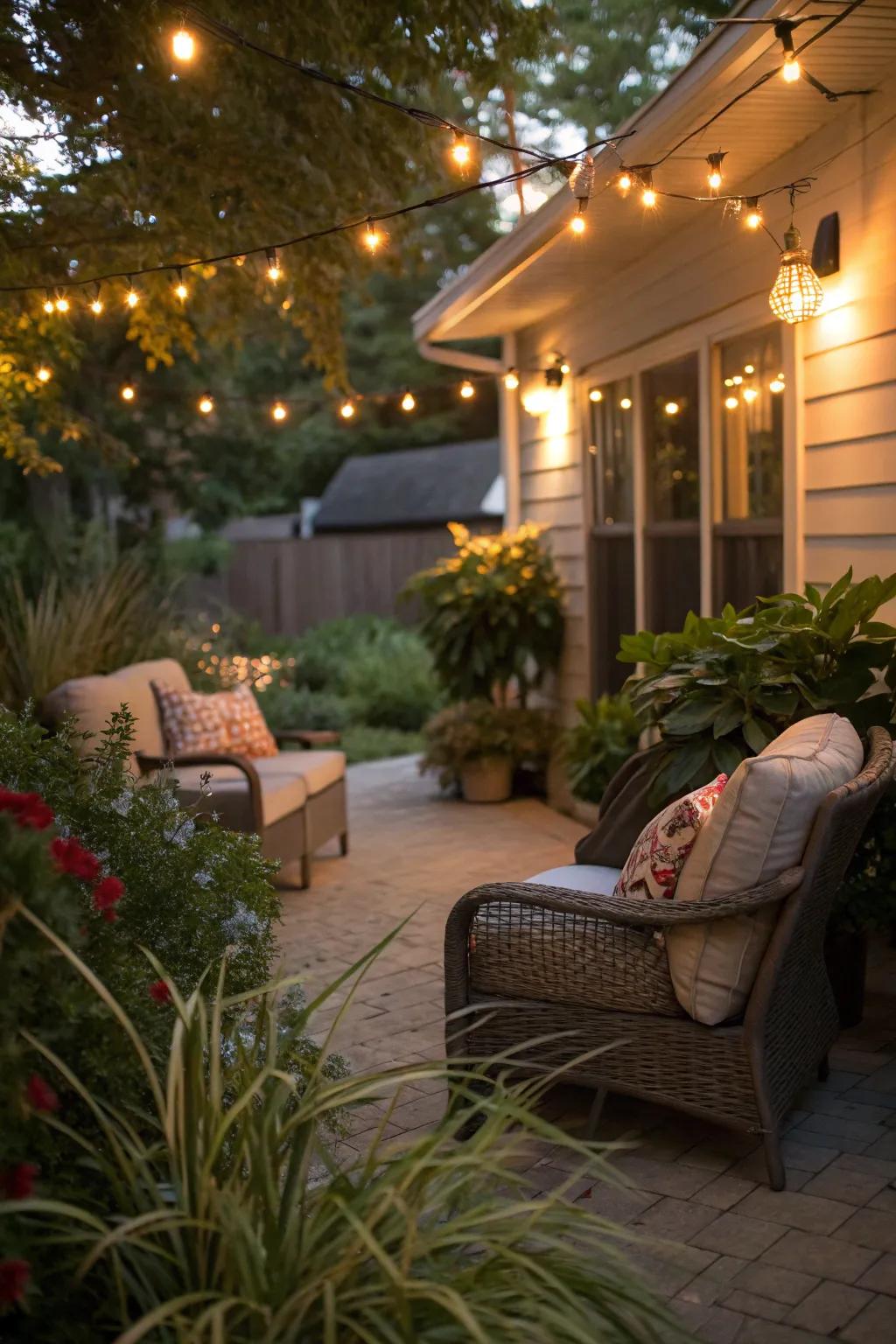 String lights fashion a spellbinding vibe for twilight unwinding.