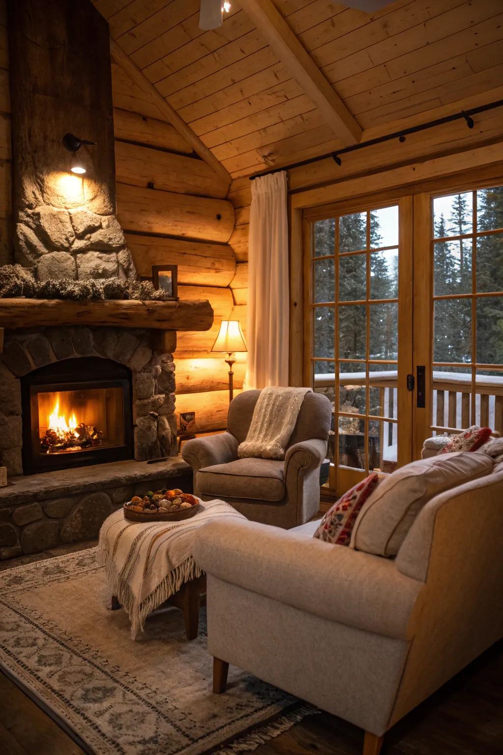 A cozy cabin interior with inviting light fixtures and lavish seating.