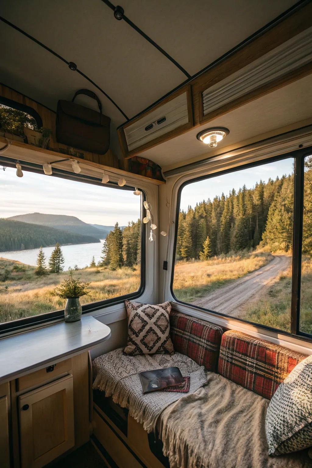 Large windows fill a camper with light, creating an open and breezy atmosphere.