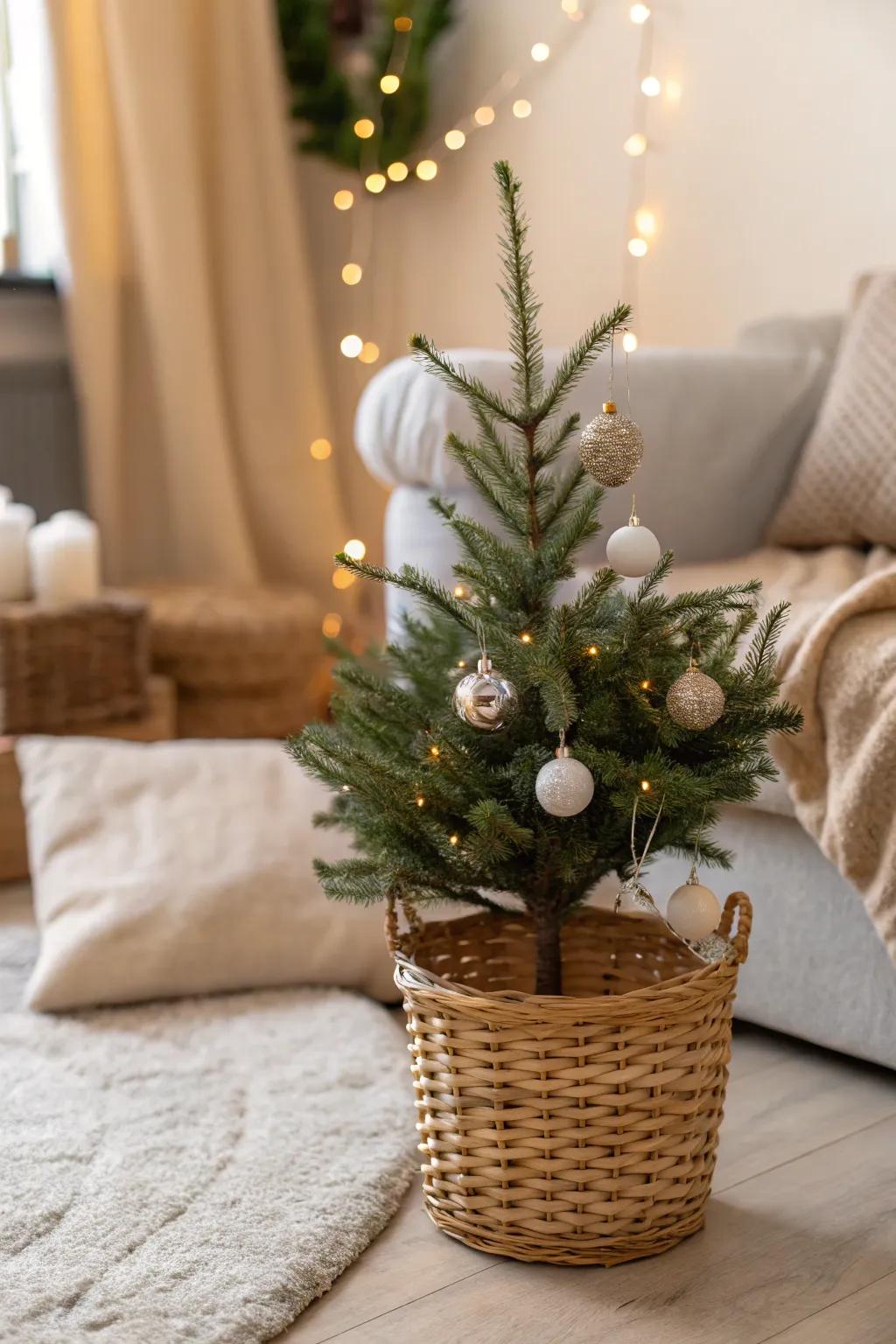 A petite Christmas tree in a countryside woven container, perfect for a snug ambiance.