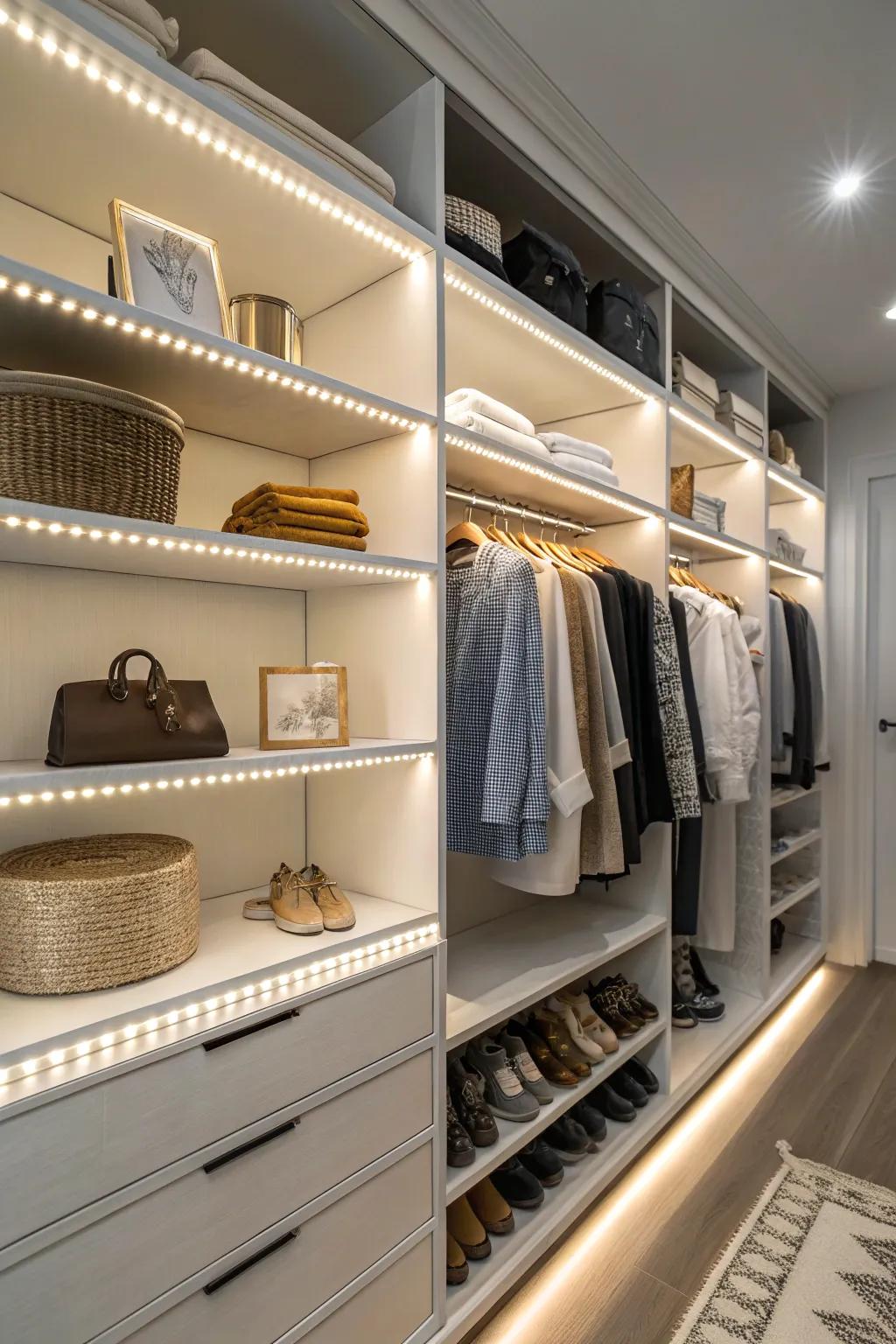 LED light bands offer a modern glow, perfect for highlighting closet shelves.