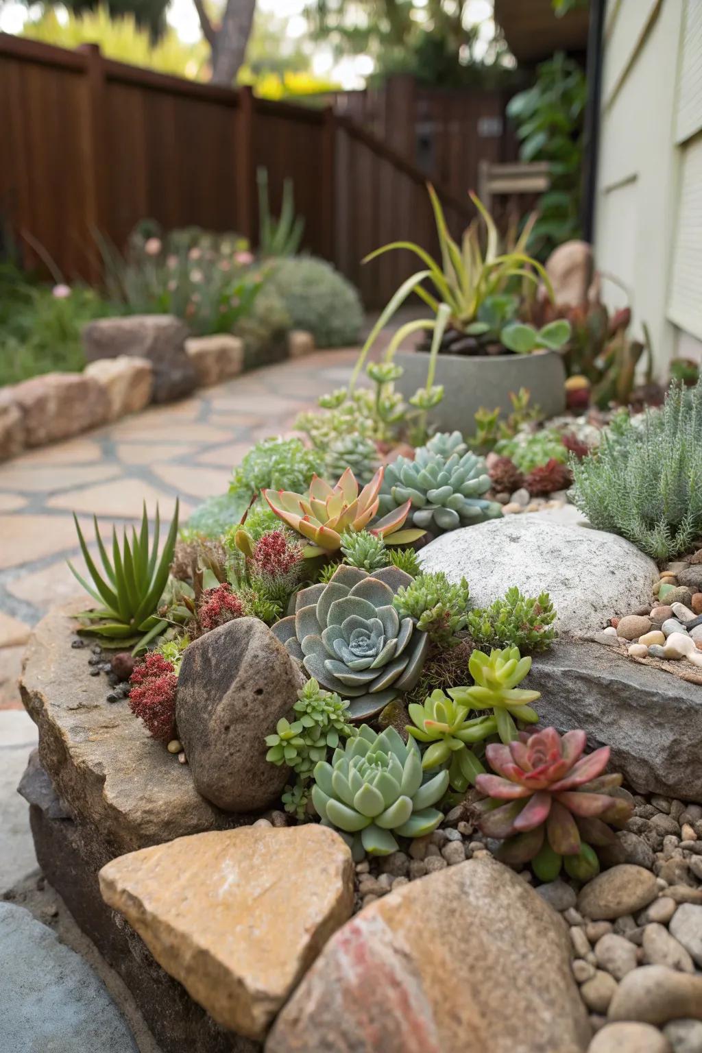 A vivid display of succulents in a corner rock garden.