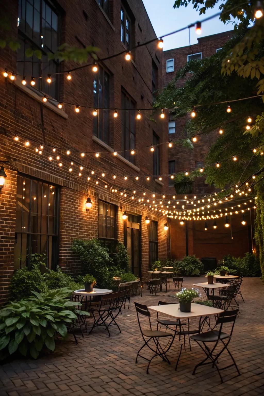 String lights add a magical touch to a small courtyard.