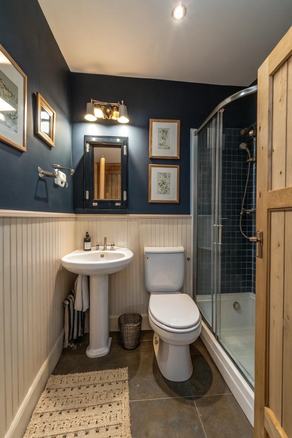 Deep blue walls act as a luxurious foundation that enhances the bathroom's design.