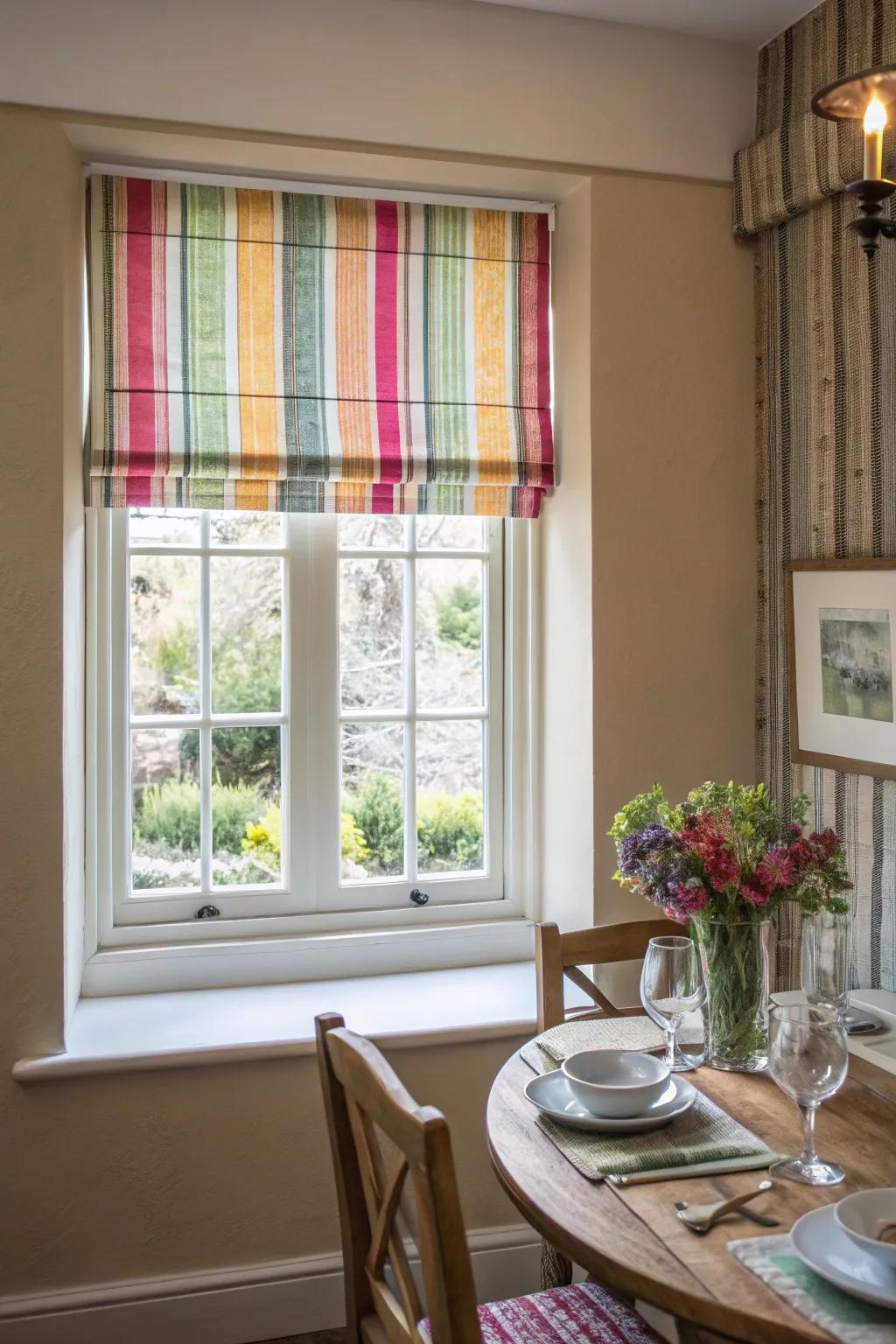 Fabric shades in a lively color breathe vibrancy into a small dining area.