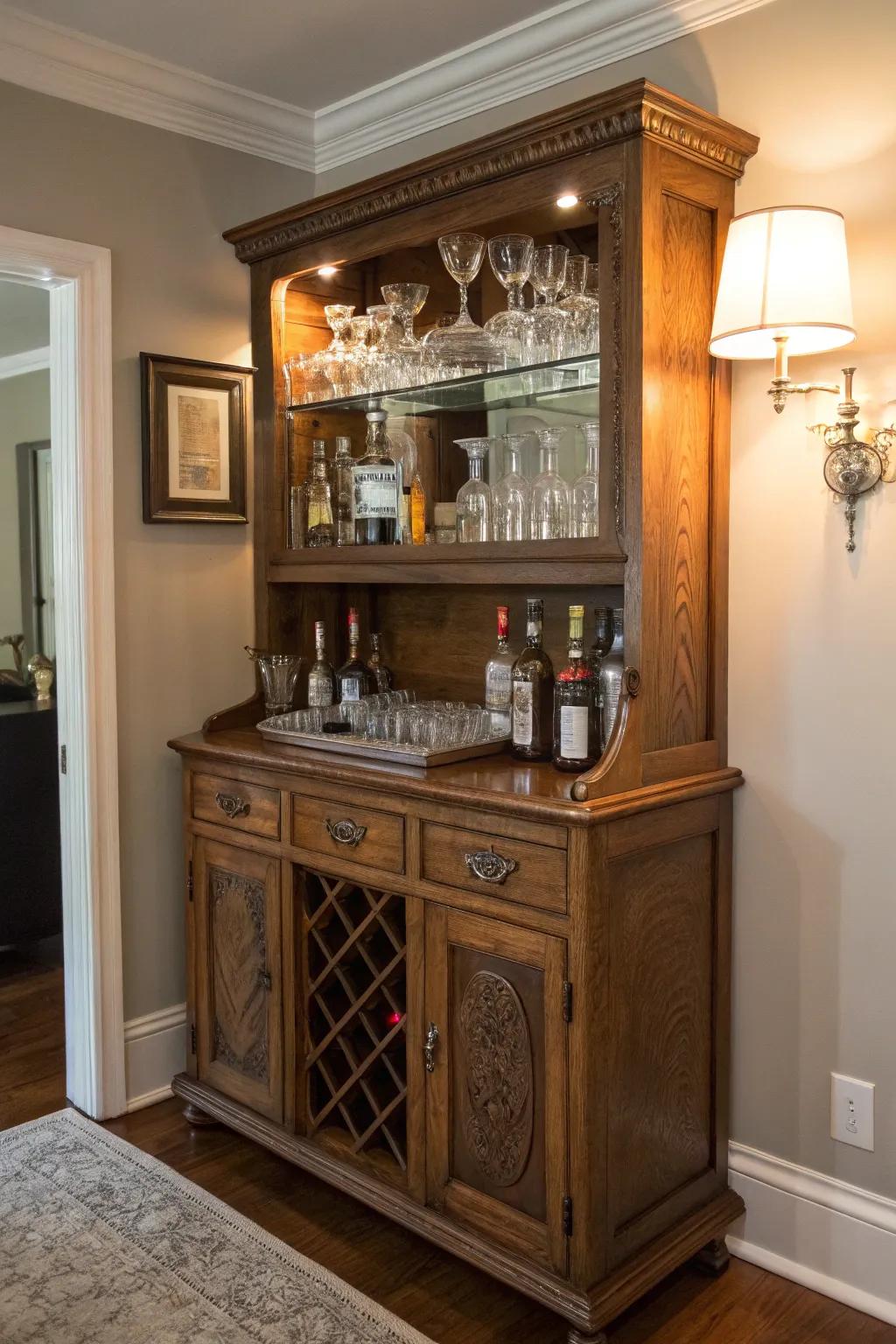 A repurposed antique cupboard serving as a beverage center.
