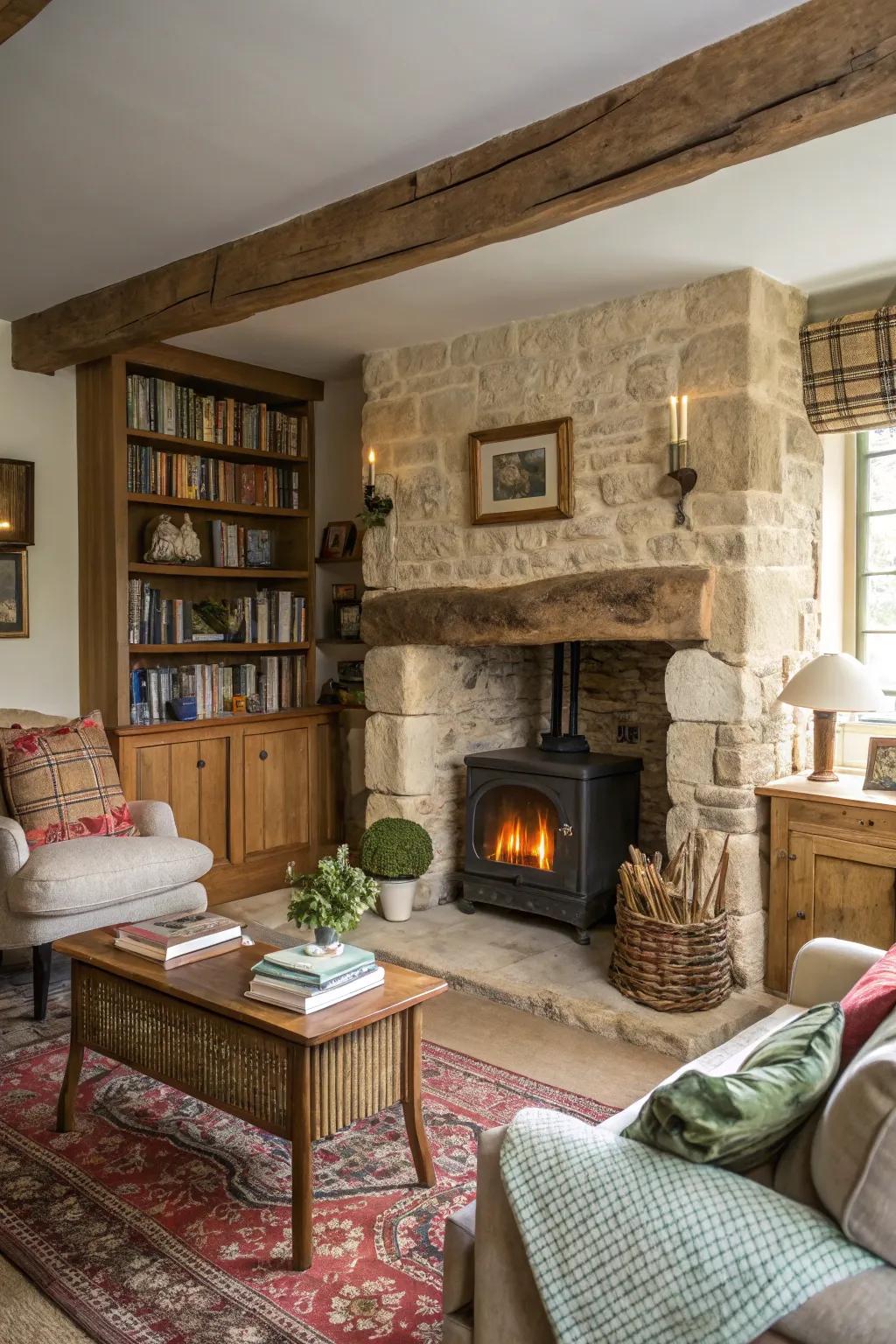A stone fireplace serves as a comforting center point in this cottage living space.